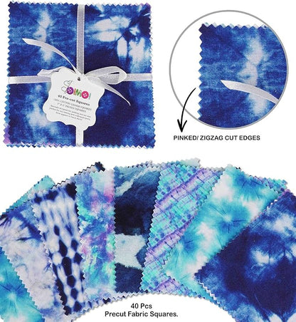 Soimoi Precut 10-inch Tie Dye Prints Cotton Fabric Bundle Quilting Squares Charm Pack DIY Patchwork Sewing Craft- Blue-YF