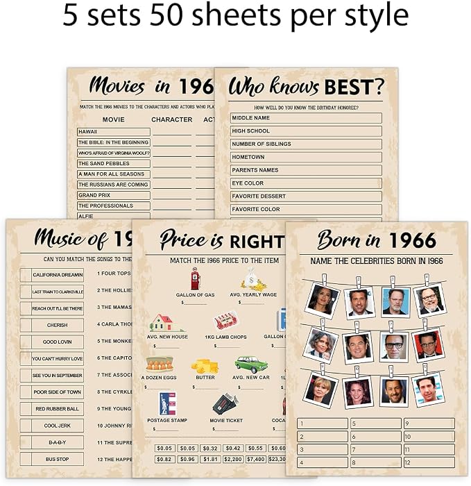 QUPT 60th Birthday Party Games, Set of 5 Activities for 10 Guests, Born in 1966 Games Bundle, Birthday Party Supplies for Adults, Pack of 50 Cards