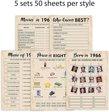 QUPT 60th Birthday Party Games, Set of 5 Activities for 10 Guests, Born in 1966 Games Bundle, Birthday Party Supplies for Adults, Pack of 50 Cards