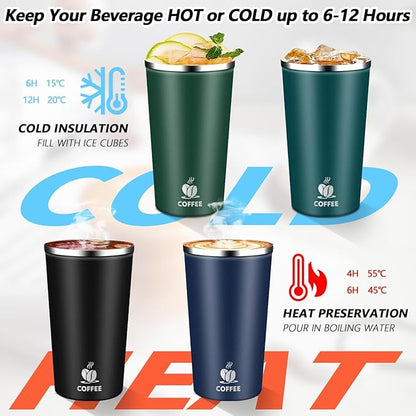 Insulated Travel Coffee Mug Reusable Coffee Tumbler Cup with Flip Lid Leak Proof Spill Proof for Office School Party Camping Hot and Cold Drink,Stainless Steel 17oz (Kingfisher Blue)