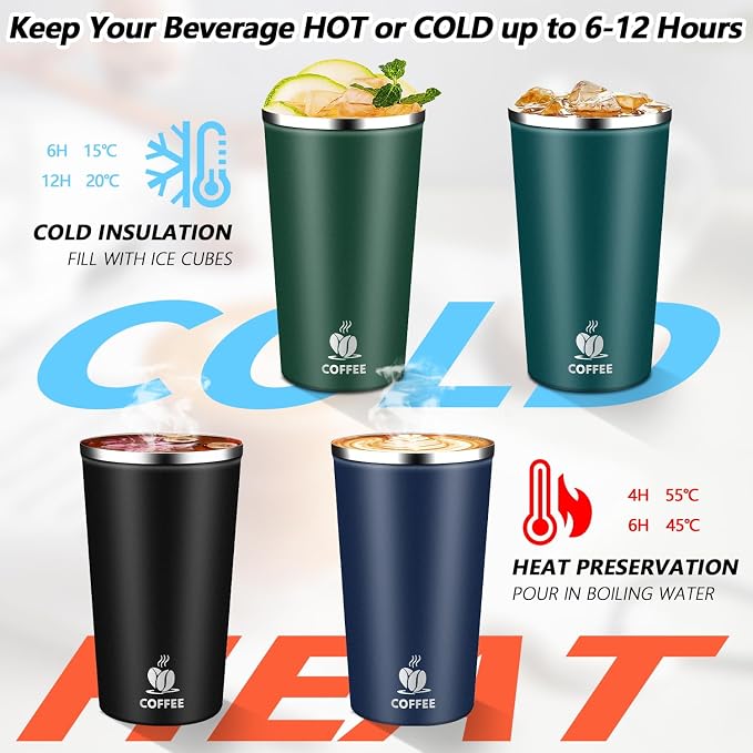 Insulated Travel Coffee Mug Reusable Coffee Tumbler Cup with Flip Lid Leak Proof Spill Proof for Office School Party Camping Hot and Cold Drink,Stainless Steel 17oz (Dark Green)