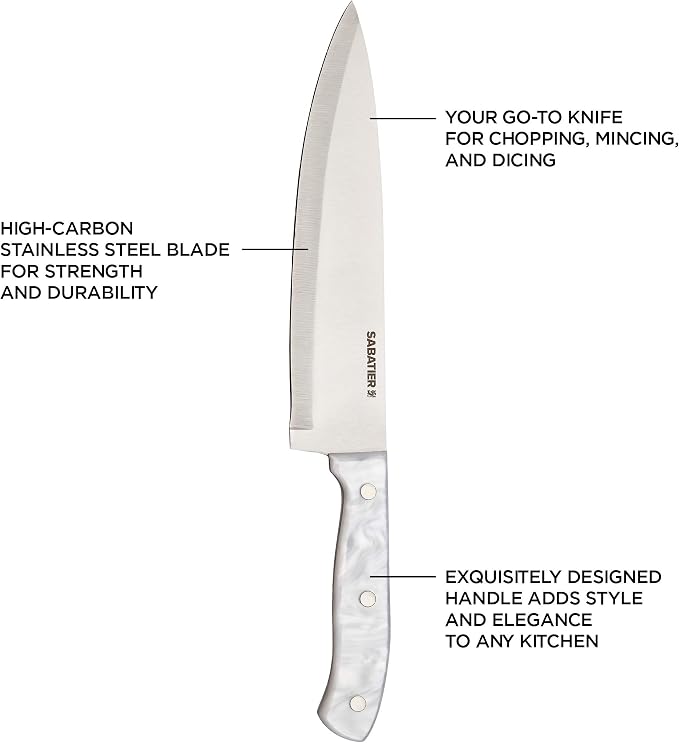 Sabatier Triple Riveted Chef Knife, 8-Inch, High-Carbon Stainless Steel, Razor-Sharp Kitchen Knife to Cut Fruit, Vegetables and more, White