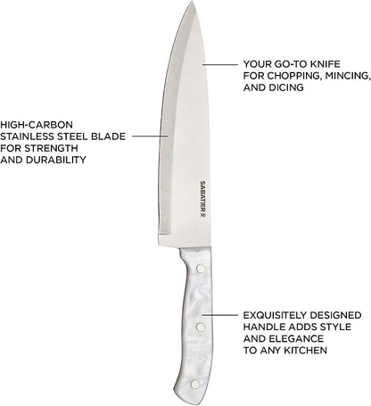 Sabatier Triple Riveted Chef Knife, 8-Inch, High-Carbon Stainless Steel, Razor-Sharp Kitchen Knife to Cut Fruit, Vegetables and more, White
