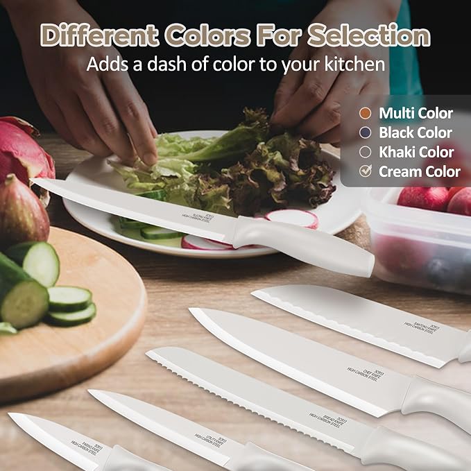 E-far 12-Piece Kitchen Knife Set, Stainless Steel Chef Knives Set with 6 Blade Guards, Sharp Kitchen Cooking Knife with Ergonomic Handle, Anti-Rust & Easy to Clean (Cream)