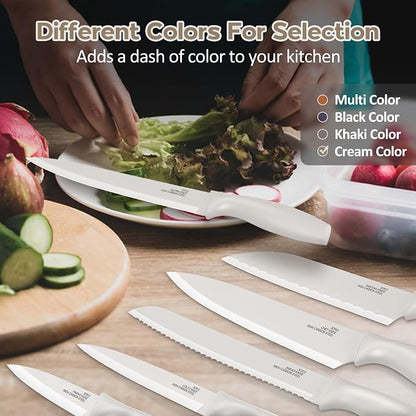 E-far 12-Piece Kitchen Knife Set, Stainless Steel Chef Knives Set with 6 Blade Guards, Sharp Kitchen Cooking Knife with Ergonomic Handle, Anti-Rust & Easy to Clean (Cream)