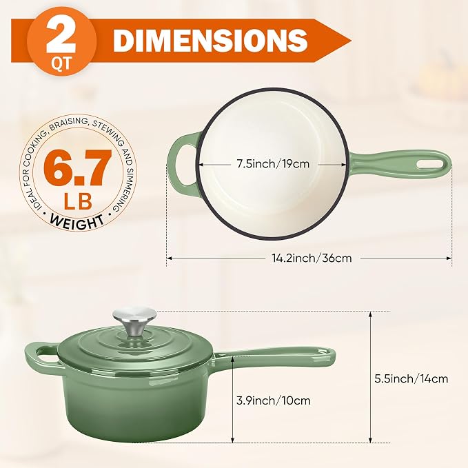 Homikit 2 Quart Saucepan with Lid, Enameled Cast Iron Small Sauce Pan Cooking Pot for Soup, Milk, Pasta, Nonstick Enamel Dutch Oven for All Cooktops, Heat Resistant Up to 500°F, Sage Green