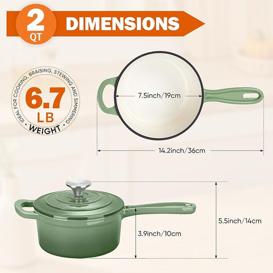 Homikit 2 Quart Saucepan with Lid, Enameled Cast Iron Small Sauce Pan Cooking Pot for Soup, Milk, Pasta, Nonstick Enamel Dutch Oven for All Cooktops, Heat Resistant Up to 500°F, Sage Green