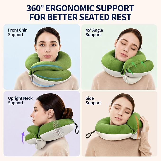 BUYUE Travel Neck Pillows for Airplanes, Memory Foam 360° Head Support Sleep for Long Flight, Skin-Friendly & Breathable, Kit with Eye Mask, Earplugs and Storage Bag (Adult, Green, 90+ lbs)