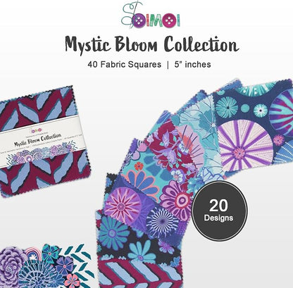 Soimoi 40 Pcs Cotton Fabric Squares Bundles Charm Packs for Quilting, Fat Quarter Layer Cakes, Precuts Quilt Squares 5 x 5 inches, DIY Fabric Bundle- Mystic Bloom Collection