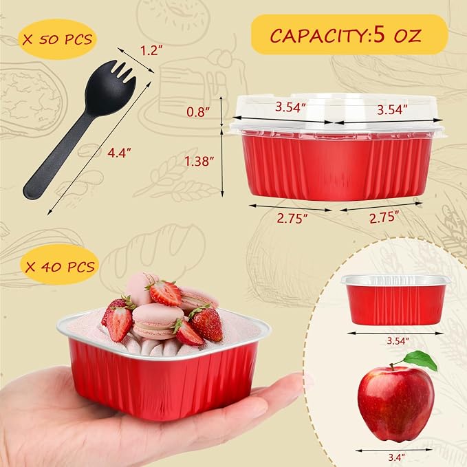 LNYZQUS 5oz Cupcake Pans Disposable Ramekins 40 Pack, Aluminum Foil Cupcake Liners with Lids,Square Brownie Mini Cake Baking Pans Muffin Tin Holders for Christmas-Red