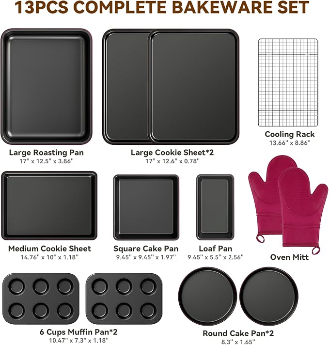 Wildone 13-Piece Baking Pans Set Nonstick - Stackable Bakeware Sets Including Cookie Sheets for Baking, Rack, Muffin Pan, Cake pan, Loaf Pan, Roasting Pan, Heavy Duty & Easy Clean, Plum
