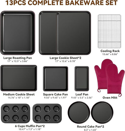 Wildone 13-Piece Baking Pans Set Nonstick - Stackable Bakeware Sets Including Cookie Sheets for Baking, Rack, Muffin Pan, Cake pan, Loaf Pan, Roasting Pan, Heavy Duty & Easy Clean, Plum