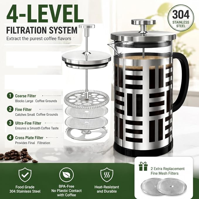 French Press Coffee Maker 34 oz, Glass Coffee Press with 316 Stainless Steel Filter, Plastic-Free Brewer for Coffee, Cold Brew,Tea & Cocoa, With Extra Filter