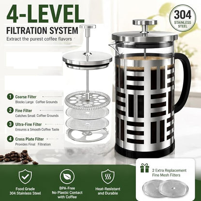 French Press Coffee Maker 34 oz, Glass Coffee Press with 316 Stainless Steel Filter, Plastic-Free Brewer for Coffee, Cold Brew,Tea & Cocoa, With Extra Filter