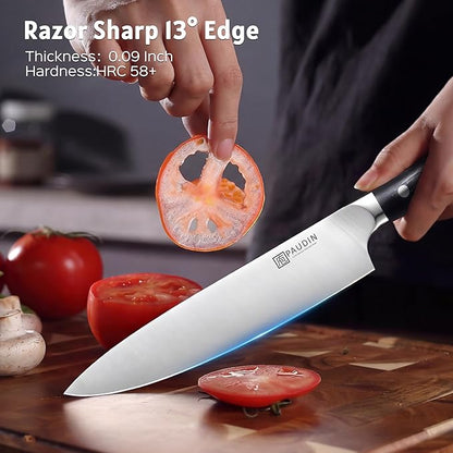 PAUDIN Chef Knife,8 Inch Professional Kitchen Knife Dishwasher Safe,Forged German Stainless Steel Sharp Cooking Knife,Ergonomic G10 Handle Full Tang Meal Prep Knives,Home Restaurant Gift for Men Women