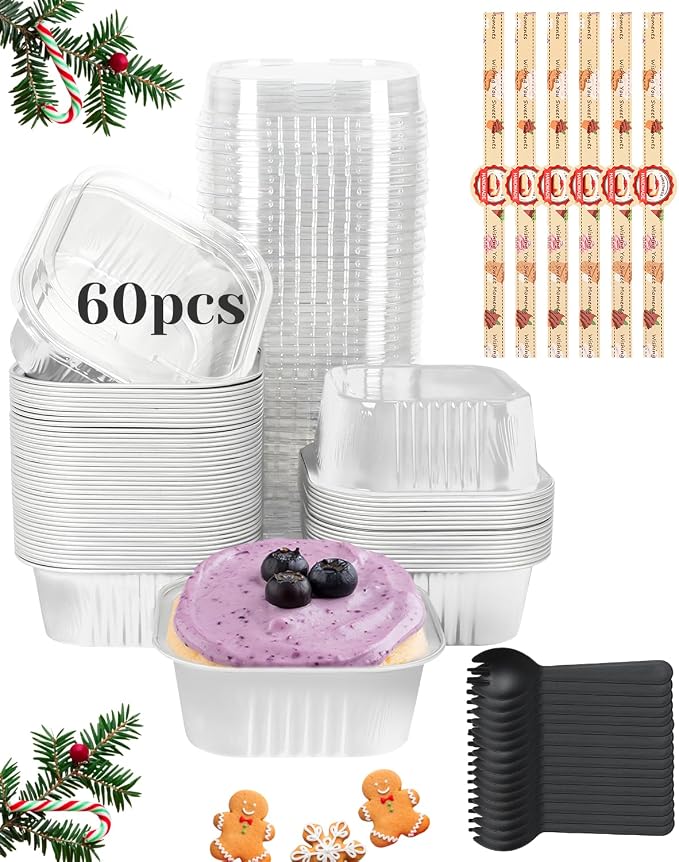 YQER 60 Pack 10oz Mini Cake Pans with Lids, Spoons, Stickers - Disposable Square Brownie Baking Cups - Individual Small Aluminum Foil Loaf Tins for Muffin, Ramekins, Cupcake - White Valentines, Sliver