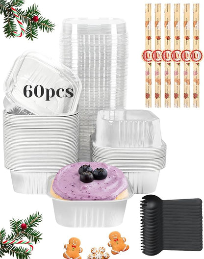 YQER 60 Pack 10oz Mini Cake Pans with Lids, Spoons, Stickers - Disposable Square Brownie Baking Cups - Individual Small Aluminum Foil Loaf Tins for Muffin, Ramekins, Cupcake - White Valentines, Sliver
