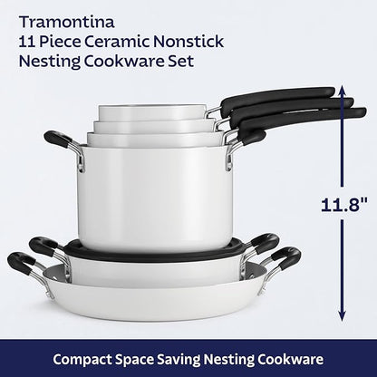 Tramontina Ceramic Non Stick 11-Piece Nesting Pots and Pans Set with Lids - Stackable Nonstick Cookware Set, Dishwasher and Oven Safe, White