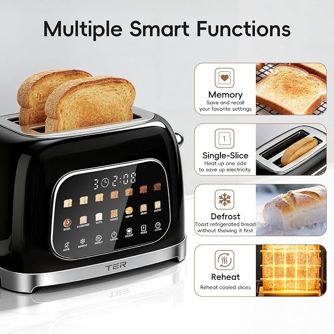 Toaster 2 Slice, Touch Screen Wide Slot Retro Toaster for Bagel & Thick Breads, Stainless Steel Smart Digital Toasters, 7 Bread Modes & 7 Browning Levels, Mute Mode, Memory, Defrost & Reheat, Black