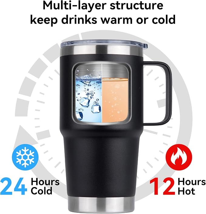 20oz Tumbler Bulk with Lid, Stainless Steel Tumbler Bulk with Handle, Metal Insulated Travel Coffee Mug Set with Handle, Double Wall Vacuum Leak Proof Tumbler Cup, Black 12 Pack