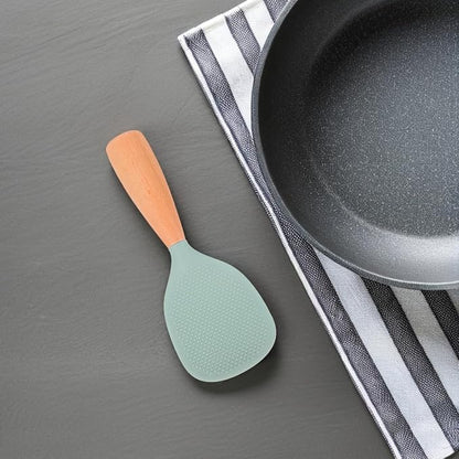 MAGICLULU Standing Silicone Rice Paddle, Non-stick Rice Spoon with Wooden Handle, Easy to Clean, Heat Resistant Upright Spatula Utensil for Sushi Chef Family Kitchen Serving Cooking Accessory, Green
