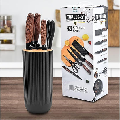 Luxury Aesthetic Kitchen Knife Set with Holder,6Pcs Black Knife Set with Wood Grain Handle,Stainless Steel Chef Knives and Scissors,Gift for Cooking