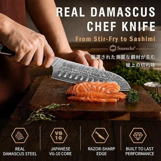 Sunnecko Damascus Knife Set with Block,67-Layer Damascus Steel Kitchen Knife Set with VG-10 Core,Full Tang 7 PCS Japanese Chef Knives with 15° Precision Edge,Professional Chef Knife Set for Kitchen