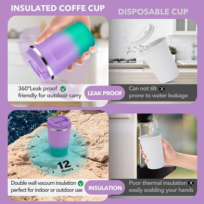 Volhoply 12 oz Double Wall Insulated Vacuum Travel Coffee Mug with Flip Lid Bulk 2 Pack,Reusable Stainless Steel Leak Proof Coffee Cup,Cafe Thermal Tumbler for Cold & Hot Drinks(Purple Green,2 Set)
