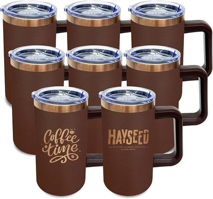 20 oz Insulated Coffee Mug with Lid, Stainless Steel Coffee Tumbler Bulk, Double Wall Vacuum Travel Mug with Handle, Leakproof Powder Coated Coffee Cups for Hot and Cold Drinks (Brown,8 pack)