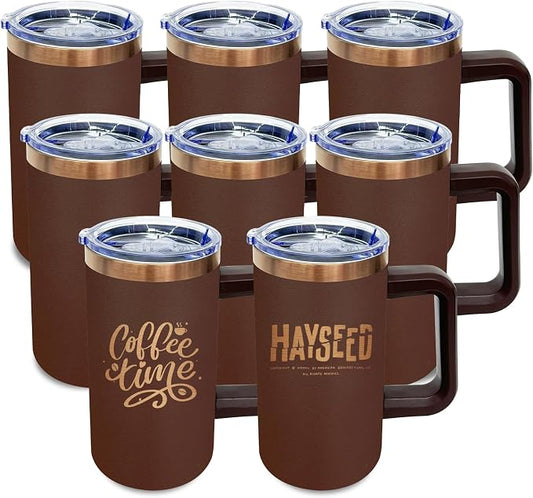 20 oz Insulated Coffee Mug with Lid, Stainless Steel Coffee Tumbler Bulk, Double Wall Vacuum Travel Mug with Handle, Leakproof Powder Coated Coffee Cups for Hot and Cold Drinks (Brown,8 pack)