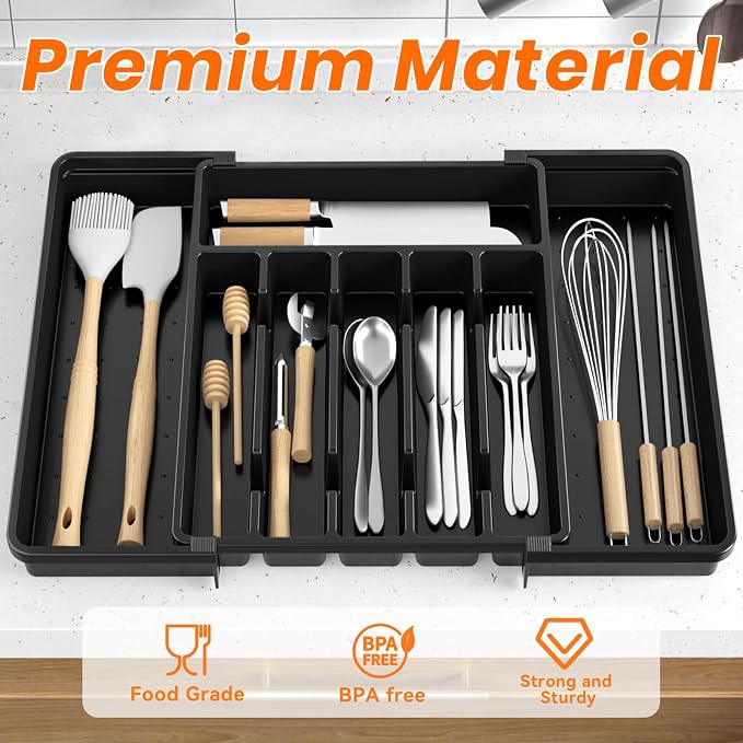 RoomHacks Large Silverware Organizer,Expandable Utensil Drawer Organizer,BPA Free Utensil Holder,Adjustable Silverware Tray Cutlery Drawer Organizer for Kitchen Flatware,Large,Black,2 Pack