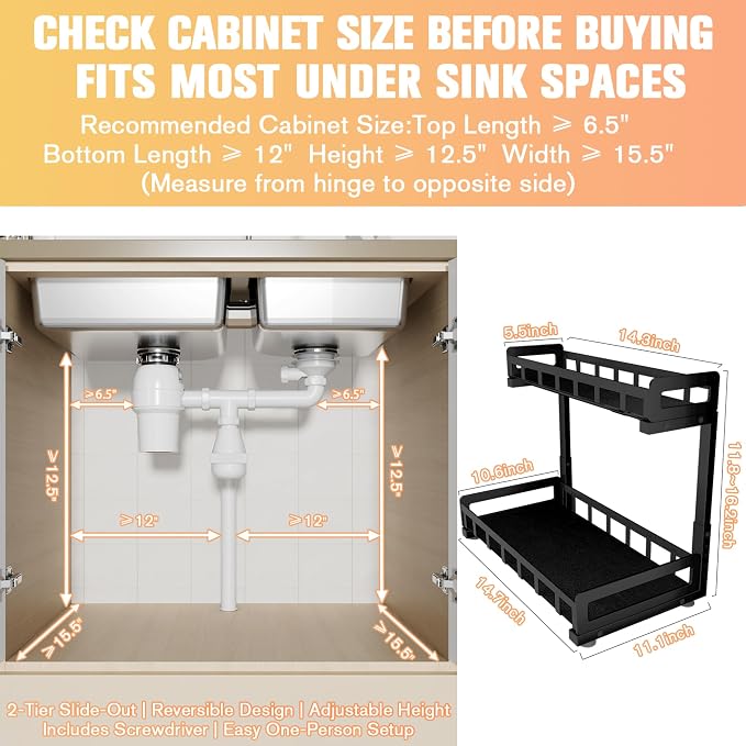 Under Sink Organizer 2 Pack, Metal Large Capacity 2-Tier Sliding Cabinet Storage Rack, Heavy-Duty Rust-Resistant Steel Frame, Holds 50 lbs Each, Adjustable Height 12–16", 14"D x 11"W for Home, Black