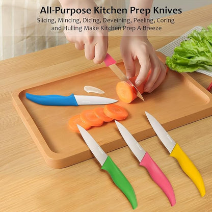 4-Piece Colored Paring Knife Set, 3.7 Inch Stainless Steel Sharp Fruit Vegetable Peeling Knives with Ergonomic Anti-Slip Large Handle, Small Kitchen Utility Knife for Daily Meal Prep, Assorted