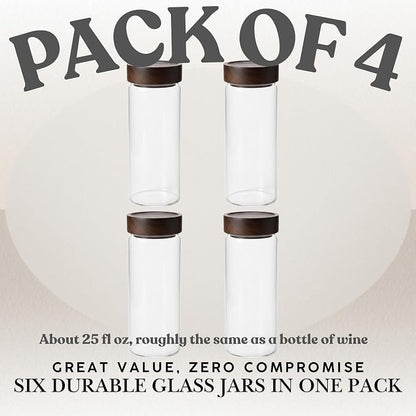 Wide Mouth Glass Storage Jars With 3" Acacia Wood Lids - 4 Pack of 25.3 Oz Airtight Food Storage Containers - Borosilicate Glass Canisters for Kitchen - Pantry Organizers Storage for Rice Coffee