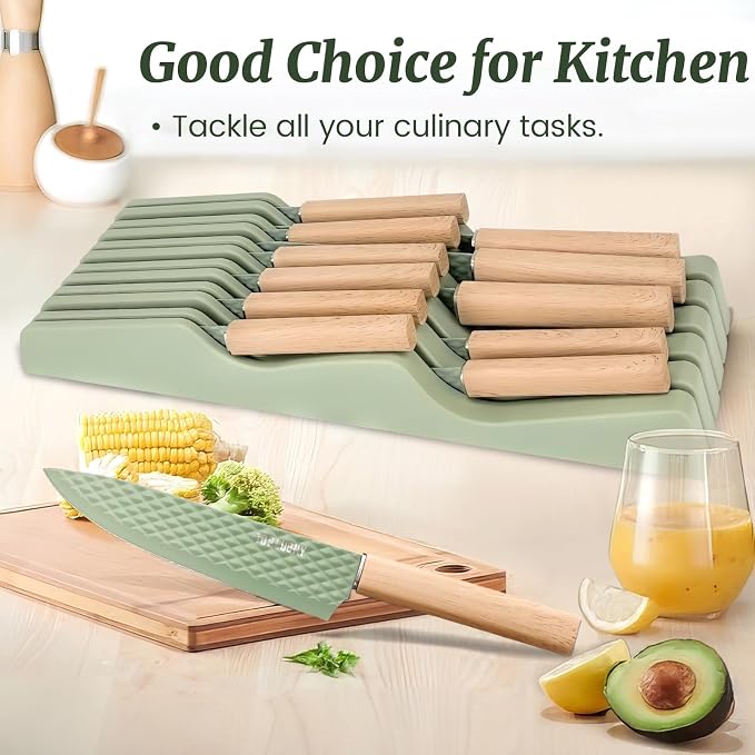12-Piece Modern Green Knife Block Set with Drawer Organizer, Stainless Steel Knife Set, 6 Steak Knives, Non-Stick Coated Blades