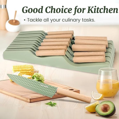 12-Piece Modern Green Knife Block Set with Drawer Organizer, Stainless Steel Knife Set, 6 Steak Knives, Non-Stick Coated Blades