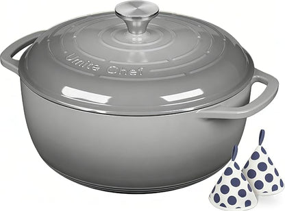 Enameled Cast Iron Dutch Oven - Umite Chef 6QT Pot with Lid & Cotton Potholders - Dual Handles -Versatile Heavy Duty Cookware for Bread Baking, Braising, Stews, Roasting(Grey）