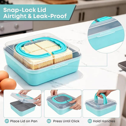 9 Inch Square Cake Pan with Snap-Lock Lid, Nonstick Carbon Steel Brownie Pan with Foldable Handle, PTFE & PFOA Free, for Brownies Bars Casseroles