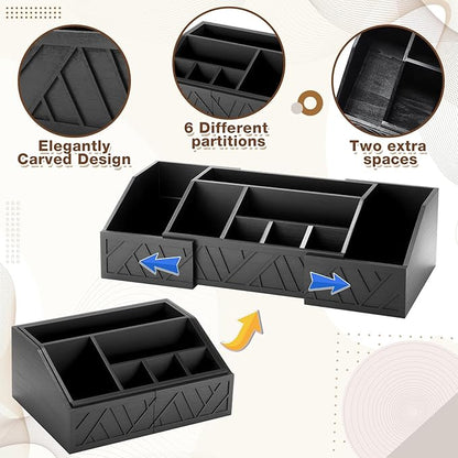 Paper Plate Dispenser Extendable, Paper Plate Holder for Kitchen Counter Wood Silverware Utensil Caddy Cutlery Flatware Organizer Box for Cups Spoons Forks Kitchen Accessories(Black)