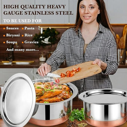 CRAFTONE Stainless Steel Copper bottom Tope Set with Lid, Cookware Set of 3 Pcs Gas Stove Friendly multi purpose Container Pot Set (60 Oz, 47 Oz and 33 Oz)