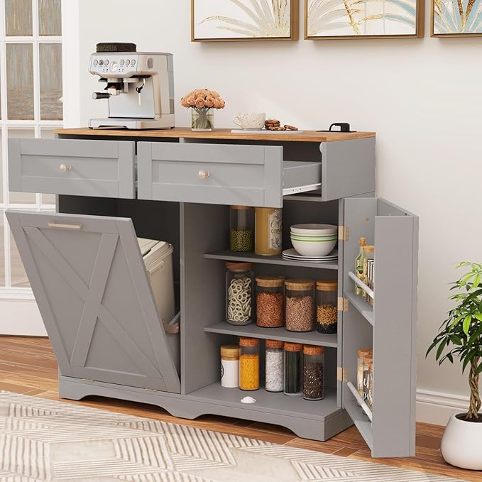 Giantex Kitchen Island with Tilt Out Trash Can Storage & Power Outlet, 39.5" W Island Table with 2 Drawers, 2-Tier Spice Racks, Adjustable Shelf for Dining Room, Laundry Room (Grey+Walnut)