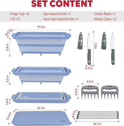 Feasto Collapsible BBQ Prep Tubs with Cutting Board, 9-IN-1, 2 Tubs Portable Grill Prep Station with Side Brackets, Lids, Knives, Meat Claws and Drain Rack, Space-Saving for Kitchen & Camping, Blue