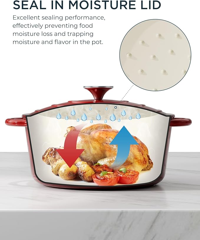 Enameled Cast Iron Dutch Oven - 4.5QT Pot with Lid & Cotton Potholders - Heavy-Duty Cookware for Braising, Stews, Roasting, Bread Baking, Oven Safe up to 500°F & Suitable for All Cooktops, Cherry Red