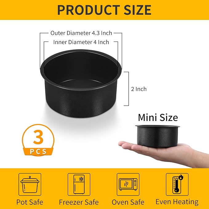 P&P CHEF 4 Inch Cake Pan Set of 3, Non-Stick Round Cake Pans Tins for Tier Smash Cakes, Baking Pans Set & Essential Bakeware, Stainless Steel Core & Leak-Proof