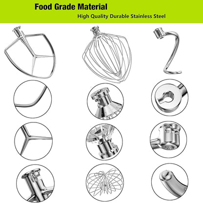 Stainless Steel Stand Mixer Attachments 3-Piece for KitchenAid 7 Qt Tilt Head Stand Mixer. Includes 20 Wire Whisk, Flat Beater, Dough Hook for KitchenAid 7 Qt Mixer Bowl