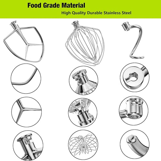 Stainless Steel Stand Mixer Attachments 3-Piece for KitchenAid 7 Qt Tilt Head Stand Mixer. Includes 20 Wire Whisk, Flat Beater, Dough Hook for KitchenAid 7 Qt Mixer Bowl