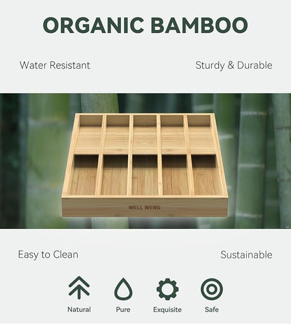 Silverware Drawer Organizer for Kitchen Utensil,Bamboo 10 Slot | 16”Dx12.3”Wx1.7”H, Vertical Storage, Cutlery Tray Dividers for Spoons Forks Knives