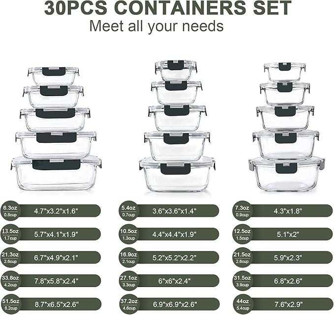 KOMUEE 30 Pieces Glass Food Storage Containers Set and 10 Packs 30 oz Glass Meal Prep Containers with Lids, Airtight and BPA-Free