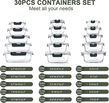 KOMUEE 30 Pieces Glass Food Storage Containers Set and 10 Packs 30 oz Glass Meal Prep Containers with Lids, Airtight and BPA-Free