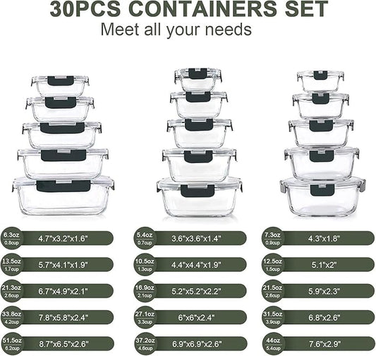 KOMUEE 30 Pieces Glass Food Storage Containers Set and 10 Packs 30 oz Glass Meal Prep Containers with Lids, Airtight and BPA-Free